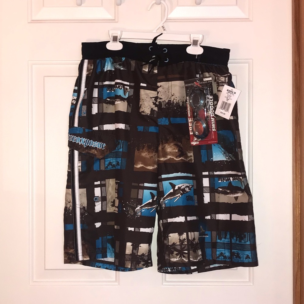 Boy’s Shark/Surfing Swim Trunks (18/20) & Goggles